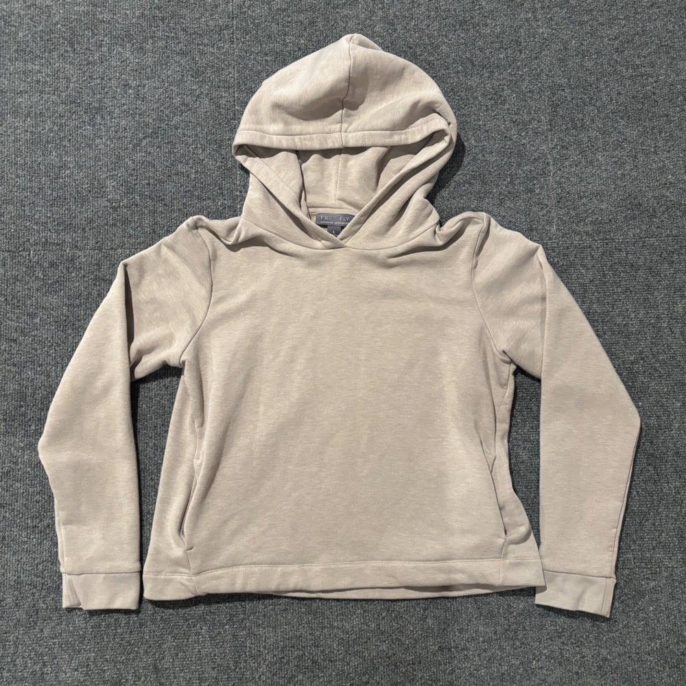 Free Fly Women Bamboo Fleece Pullover Hoodie Tan Boxy Size Large Side Pockets